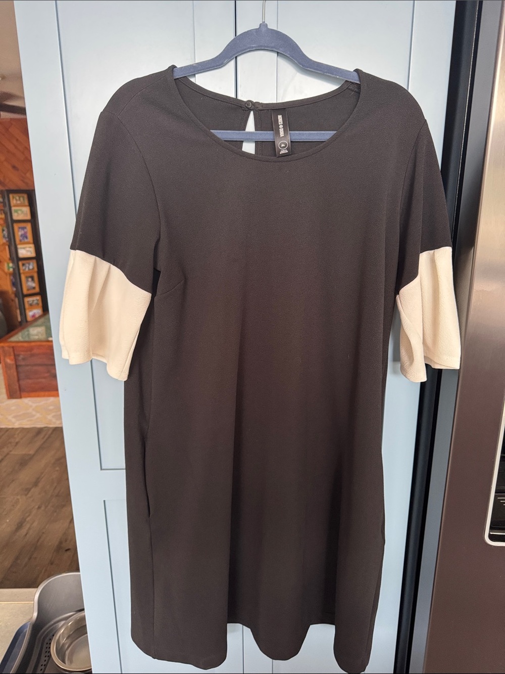 Agnes & Dora Black Midi Dress with Cream Sleeve Panels